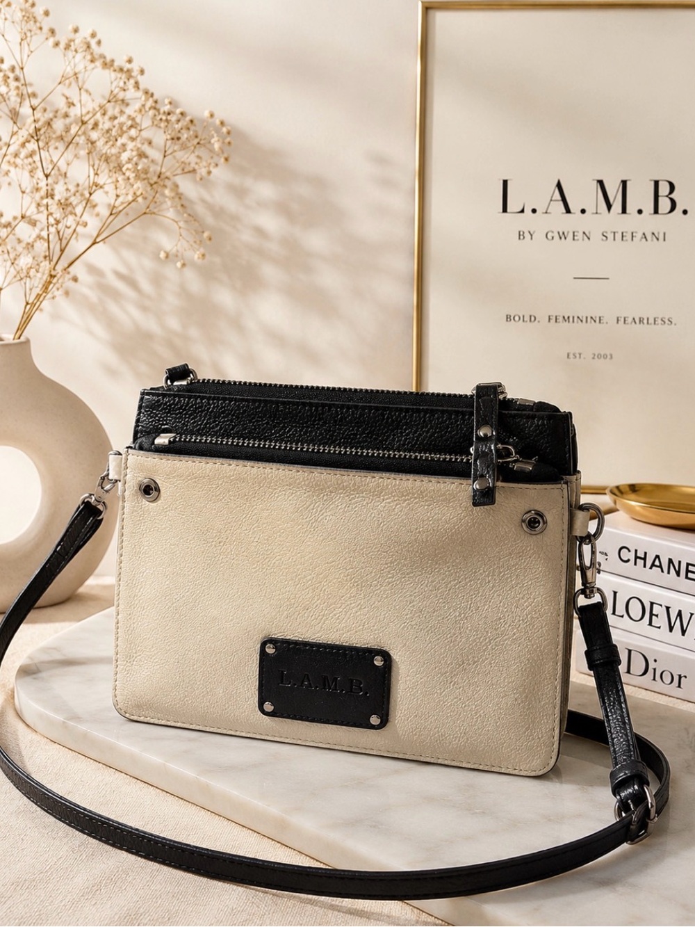 L.A.M.B. by Gwen Stefani vintage Black and Cream Leather Crossbody Bag